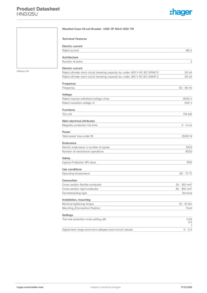 Image Hager Product data sheet HNG125U  | Hager