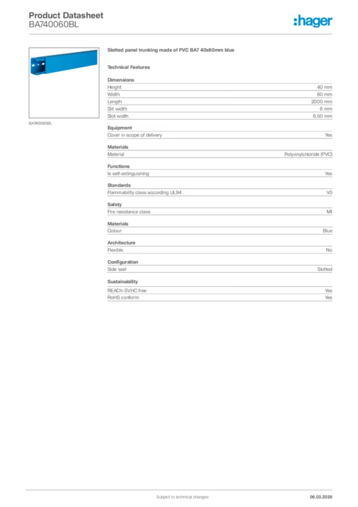 Image Hager Product data sheet BA740060BL  | Hager Africa