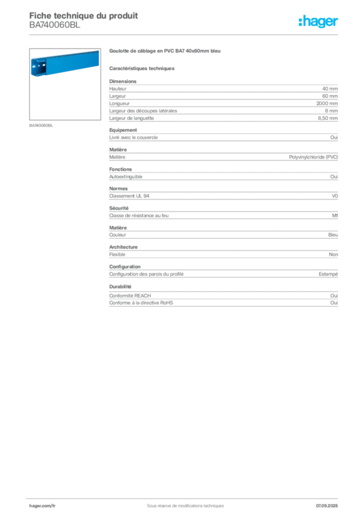 Image Hager Fiche technique du produit BA740060BL | Hager France