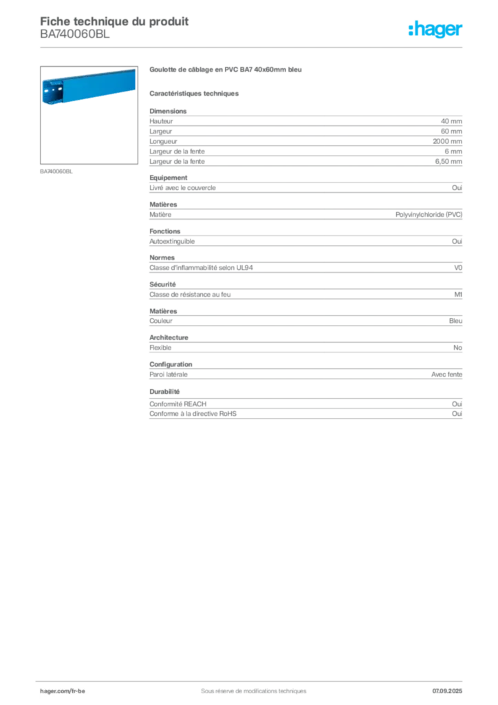 Image Hager Fiche technique du produit BA740060BL | Hager Belgique