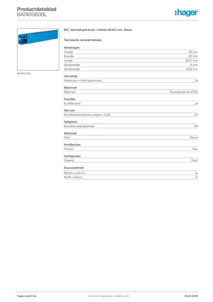 Afbeelding Hager Productdatablad BA740060BL | Hager Belgium