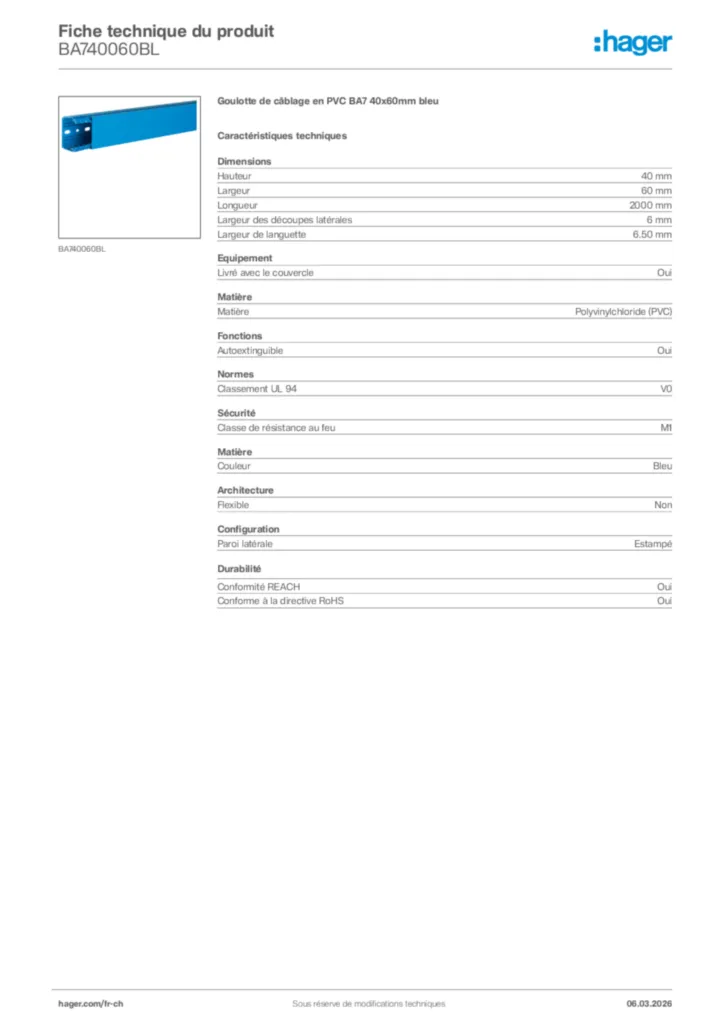 Image Hager Fiche technique du produit BA740060BL | Hager Suisse
