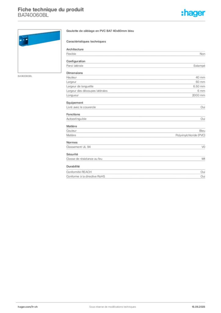 Image Hager Fiche technique du produit BA740060BL | Hager Suisse