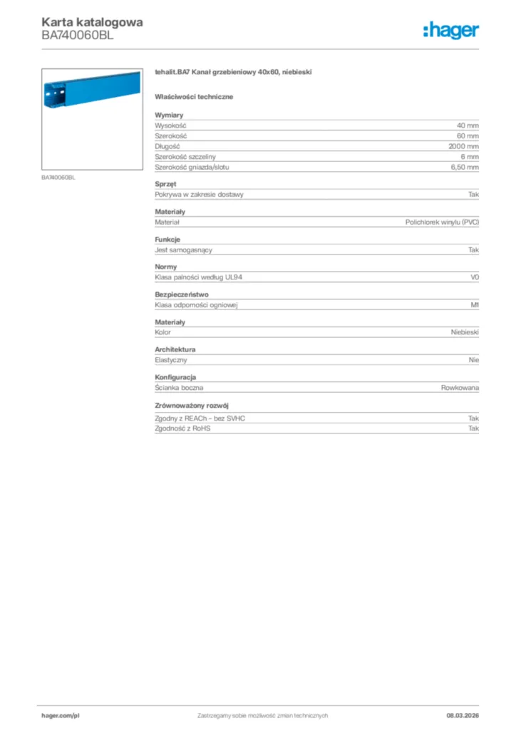 Zdjęcie Hager Karta katalogowa BA740060BL | Hager Polska
