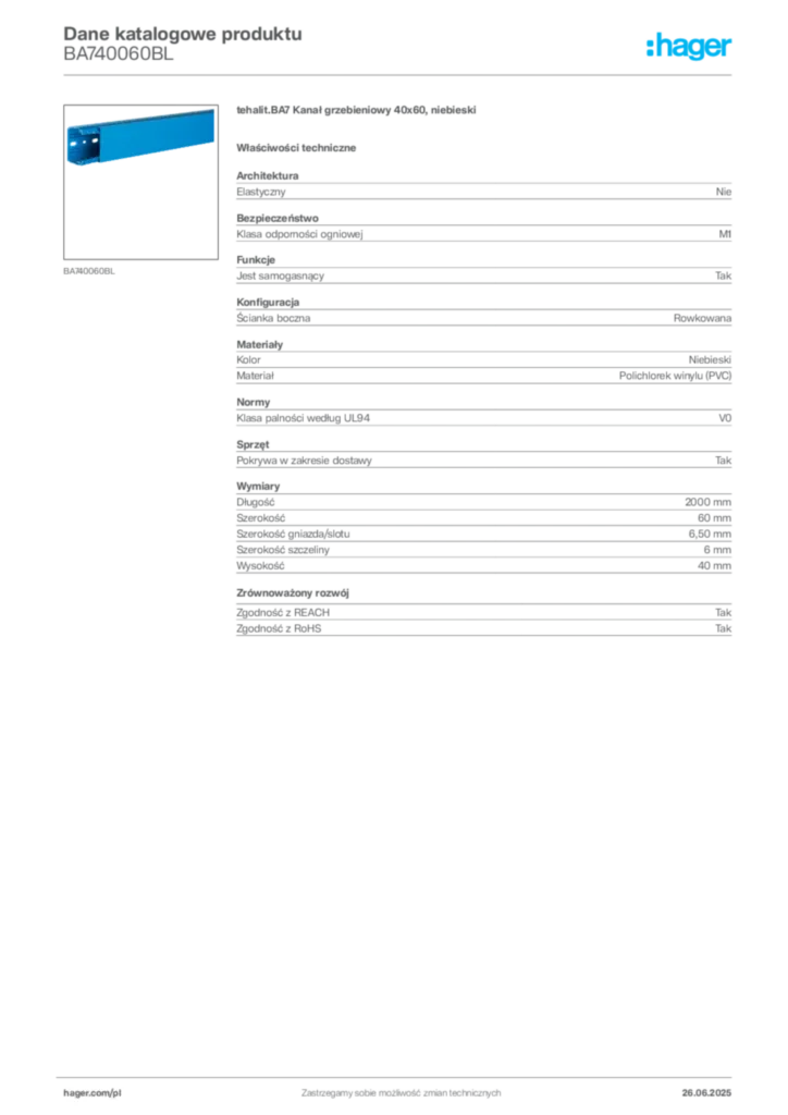 Zdjęcie Hager Karta katalogowa BA740060BL | Hager Polska