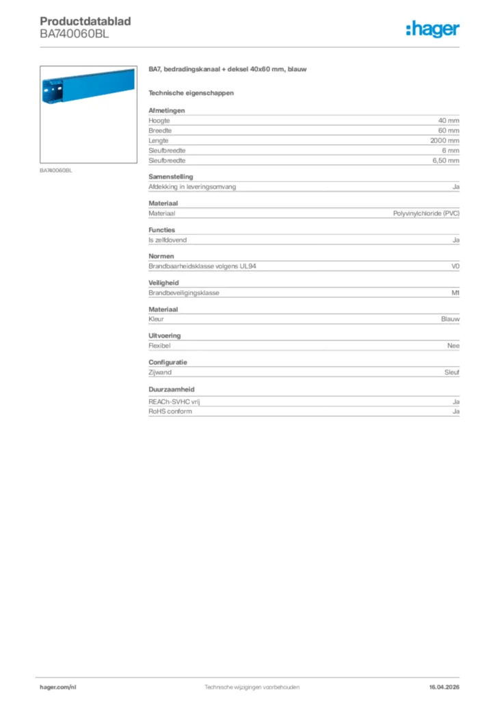 Afbeelding Hager Productdatablad BA740060BL | Hager Nederland