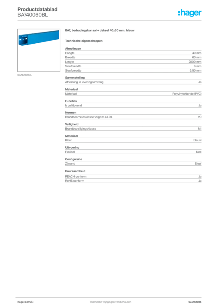 Afbeelding Hager Productdatablad BA740060BL | Hager Nederland