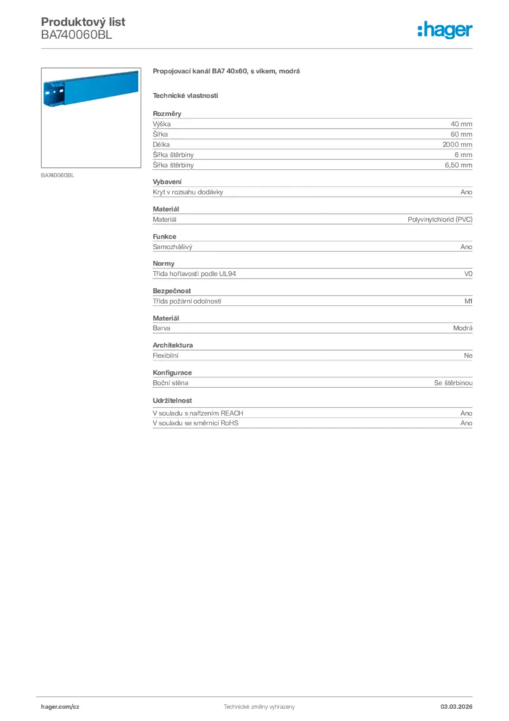 Obrázek Hager Product data sheet BA740060BL | Hager