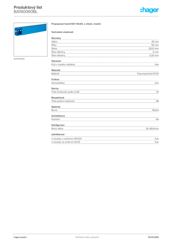 Obrázek Hager Produktový list BA740060BL | Hager