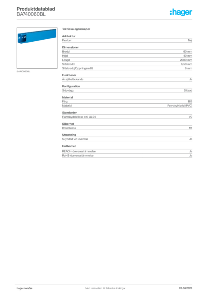 Bild Hager Produktdatablad BA740060BL | Hager Sverige