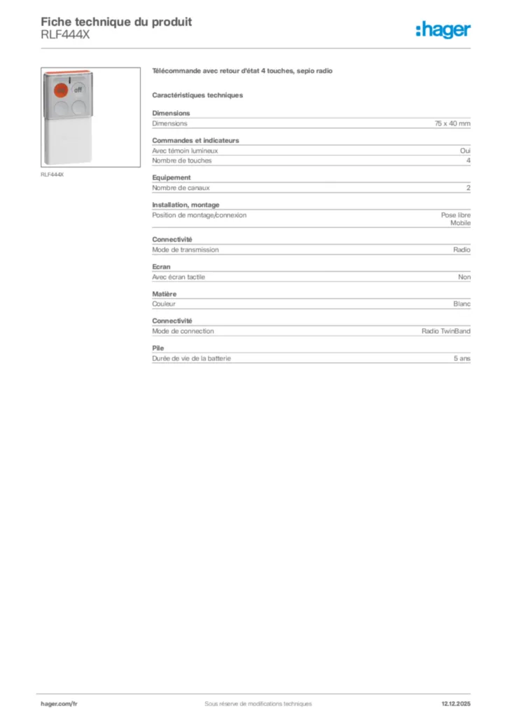 Image Hager Fiche technique du produit RLF444X | Hager France
