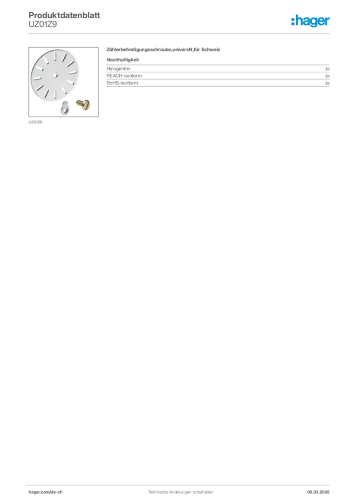 Bild Hager Produktdatenblatt UZ01Z9 | Hager Schweiz
