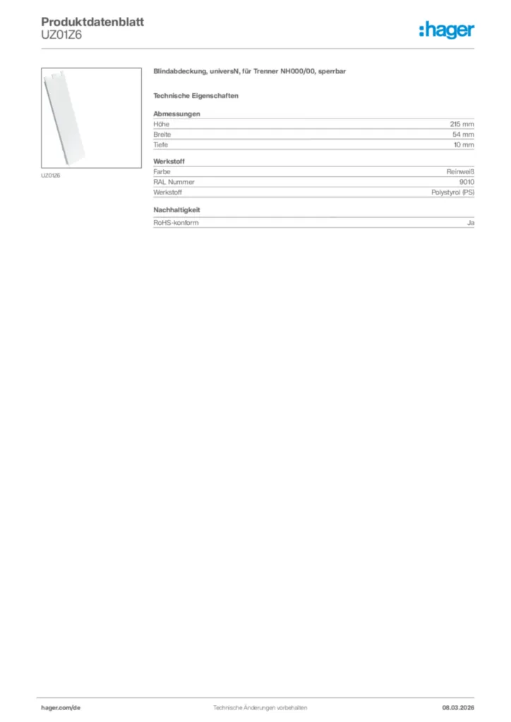 Bild Hager Produktdatenblatt UZ01Z6 | Hager Deutschland
