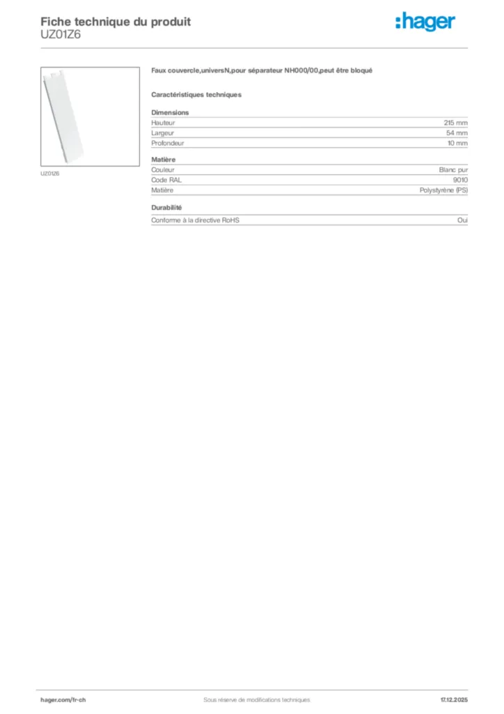 Image Hager Fiche technique du produit UZ01Z6 | Hager Suisse