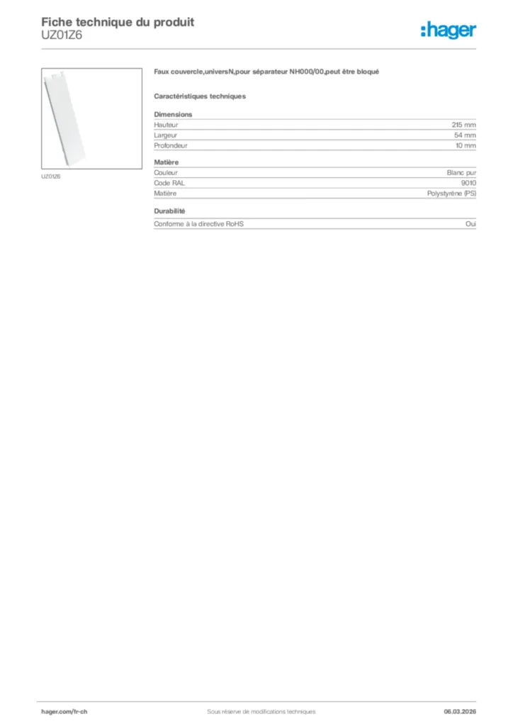 Image Hager Fiche technique du produit UZ01Z6 | Hager Suisse