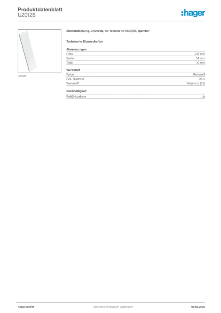Bild Hager Produktdatenblatt UZ01Z6 | Hager Deutschland