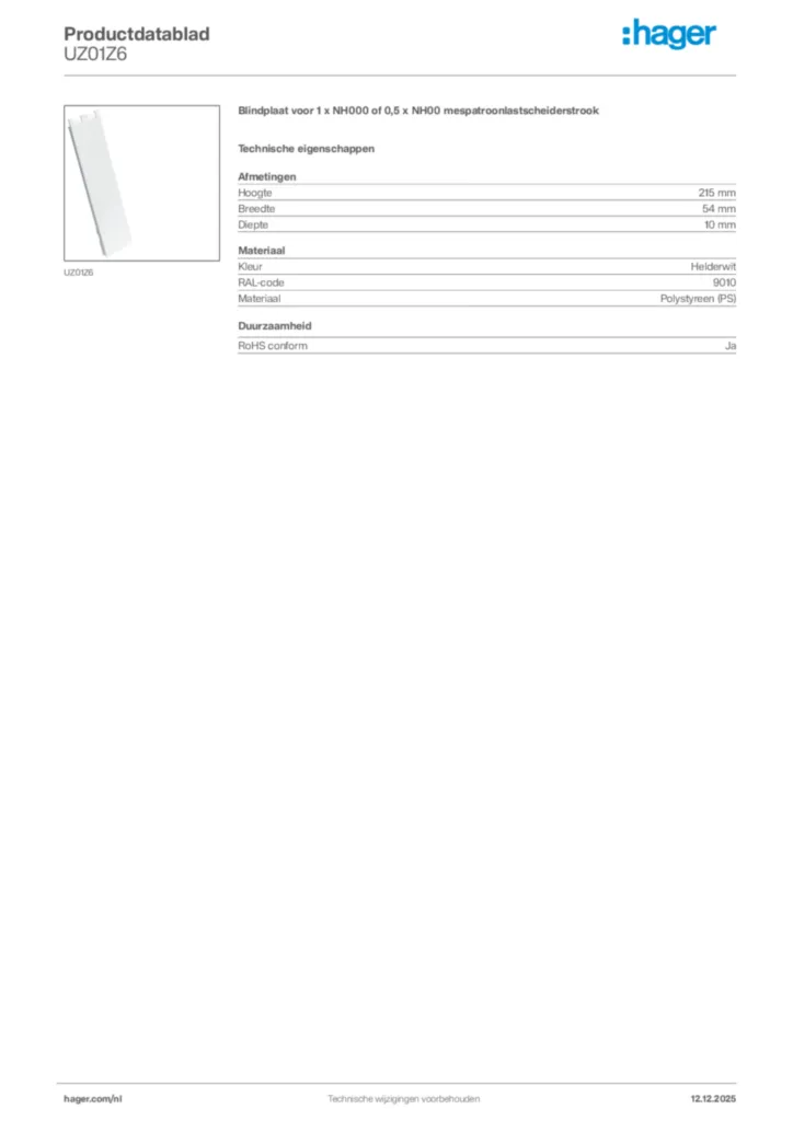 Afbeelding Hager Productdatablad UZ01Z6 | Hager Nederland