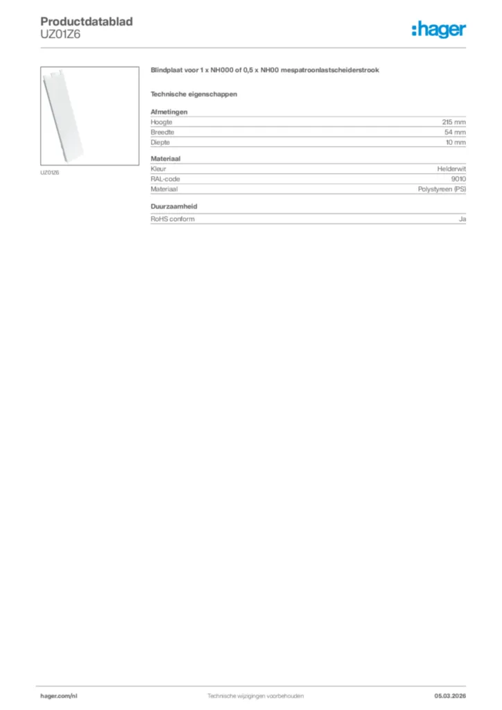 Afbeelding Hager Productdatablad UZ01Z6 | Hager Nederland