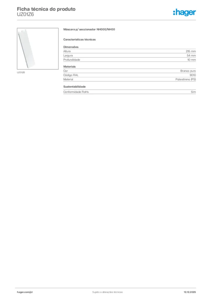 Imagem Hager Ficha técnica do produto UZ01Z6 | Hager Portugal