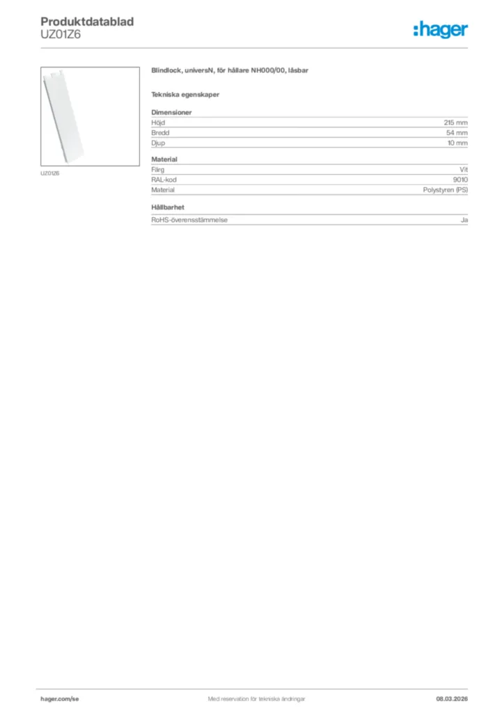 Bild Hager Produktdatablad UZ01Z6 | Hager Sverige