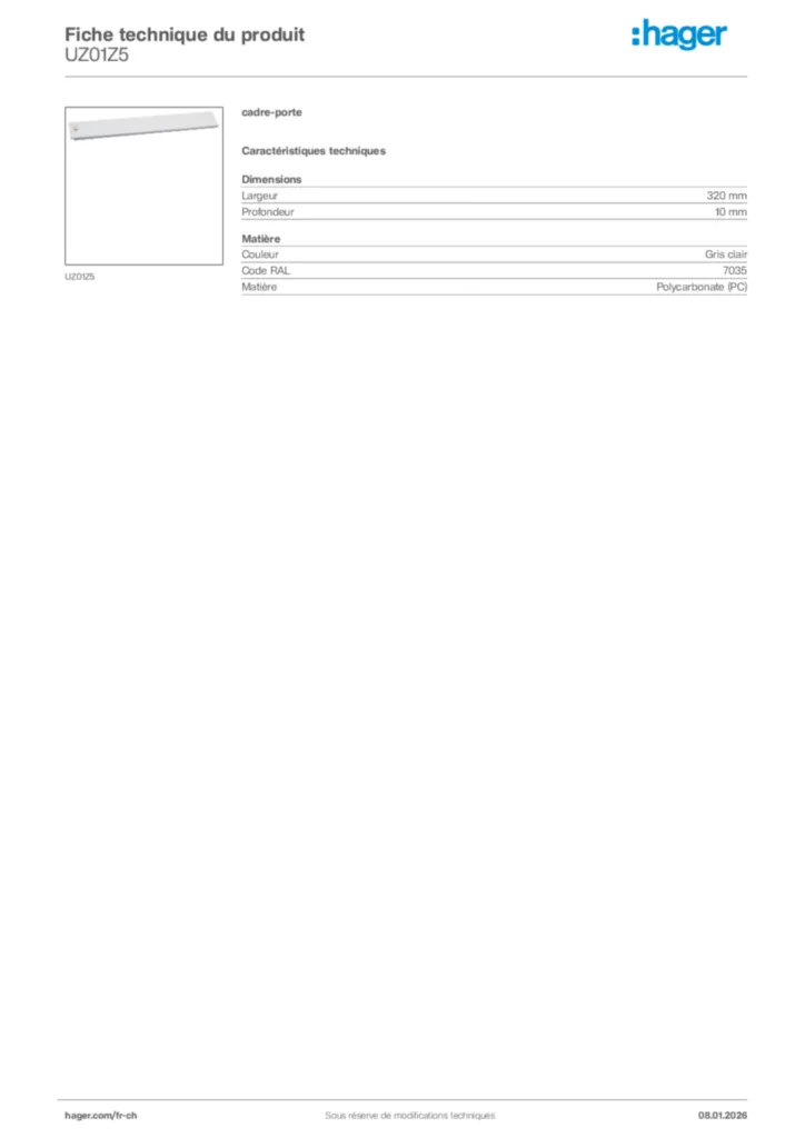 Image Hager Fiche technique du produit UZ01Z5 | Hager Suisse
