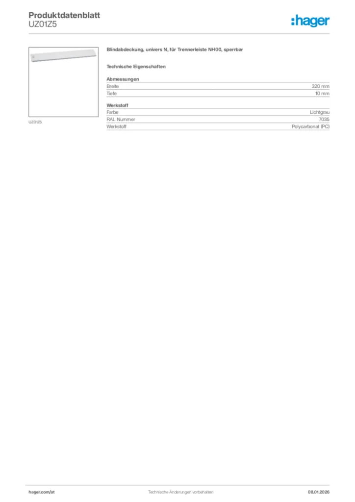 Bild Hager Produktdatenblatt UZ01Z5 | Hager Deutschland
