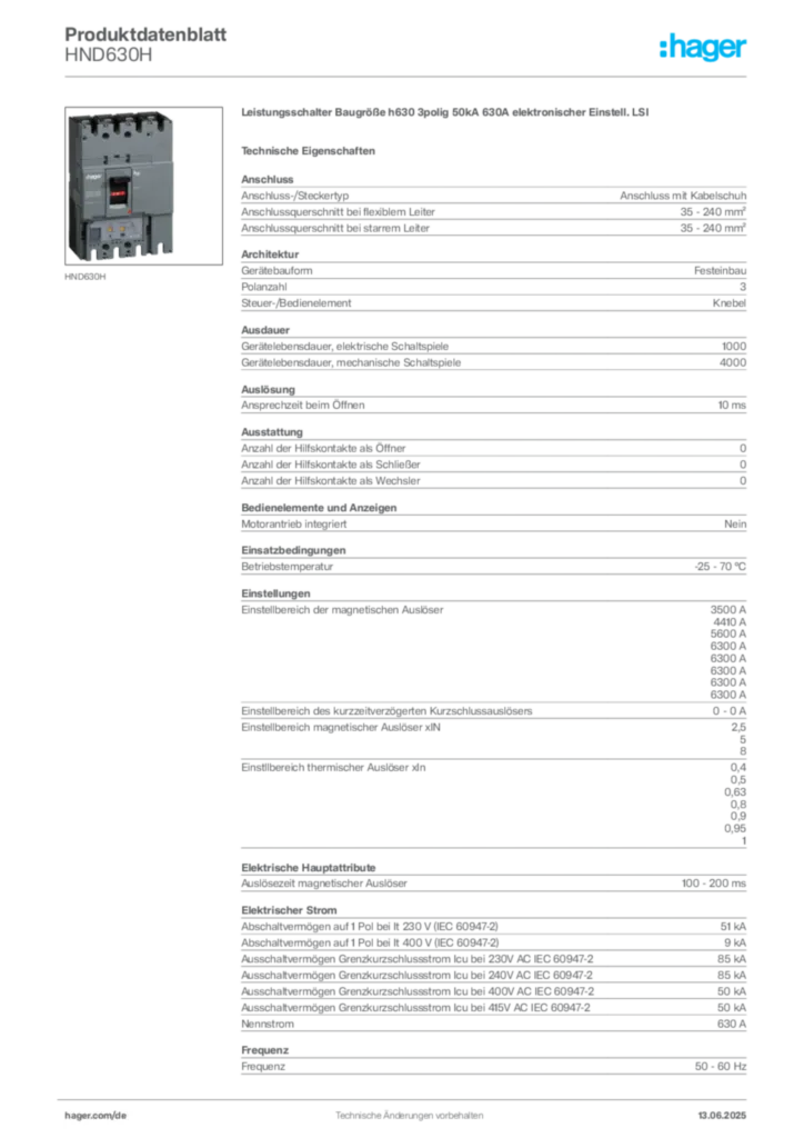 Bild Hager Produktdatenblatt HND630H | Hager Deutschland