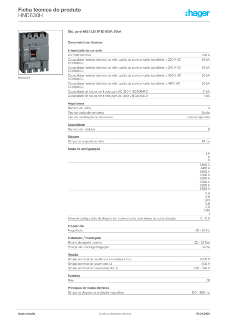 Imagem Hager Ficha técnica do produto HND630H | Hager Portugal