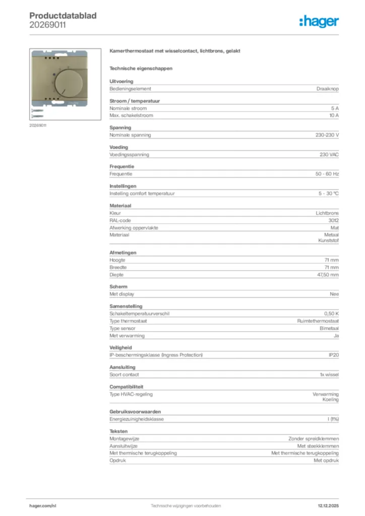 Afbeelding Hager Productdatablad 20269011 | Hager Nederland