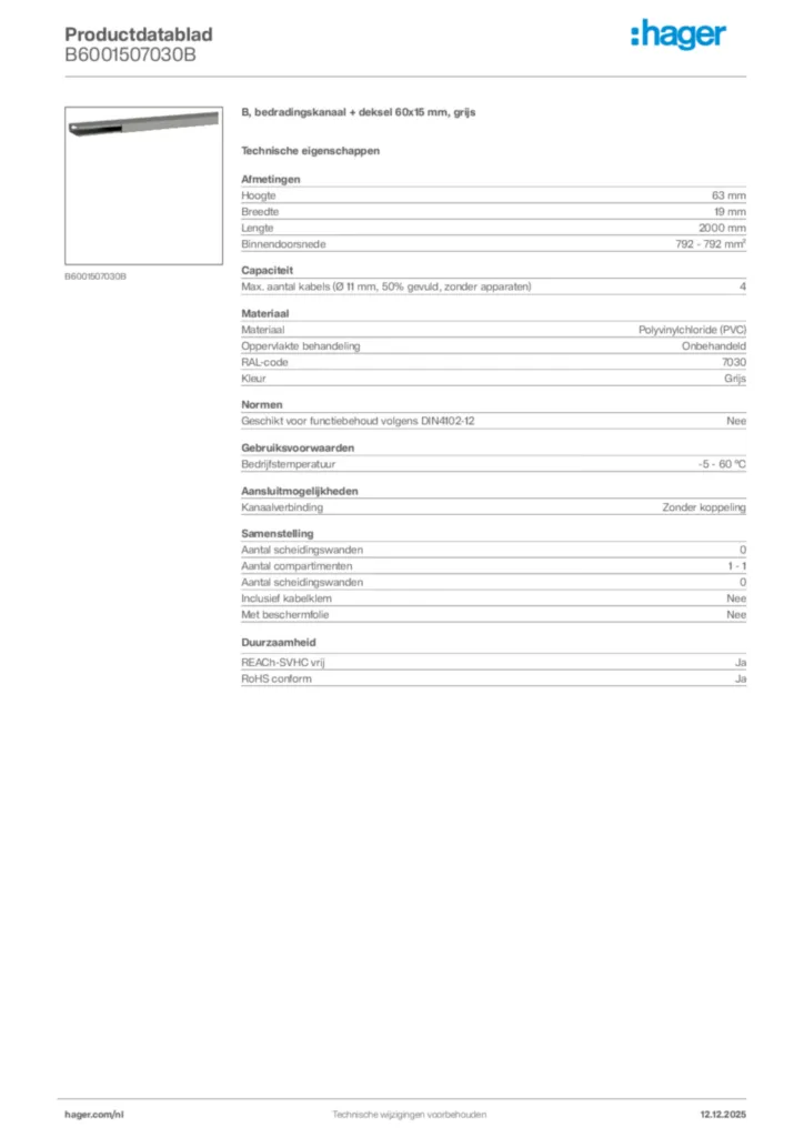 Afbeelding Hager Productdatablad B6001507030B | Hager Nederland