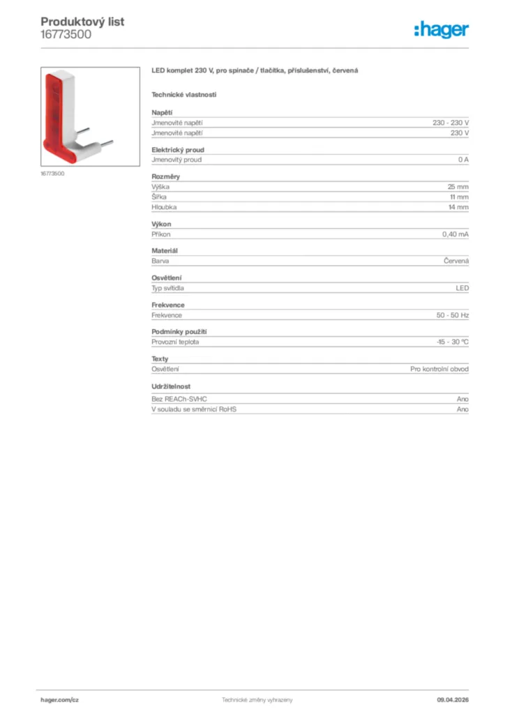 Obrázek Hager Product data sheet 16773500 | Hager