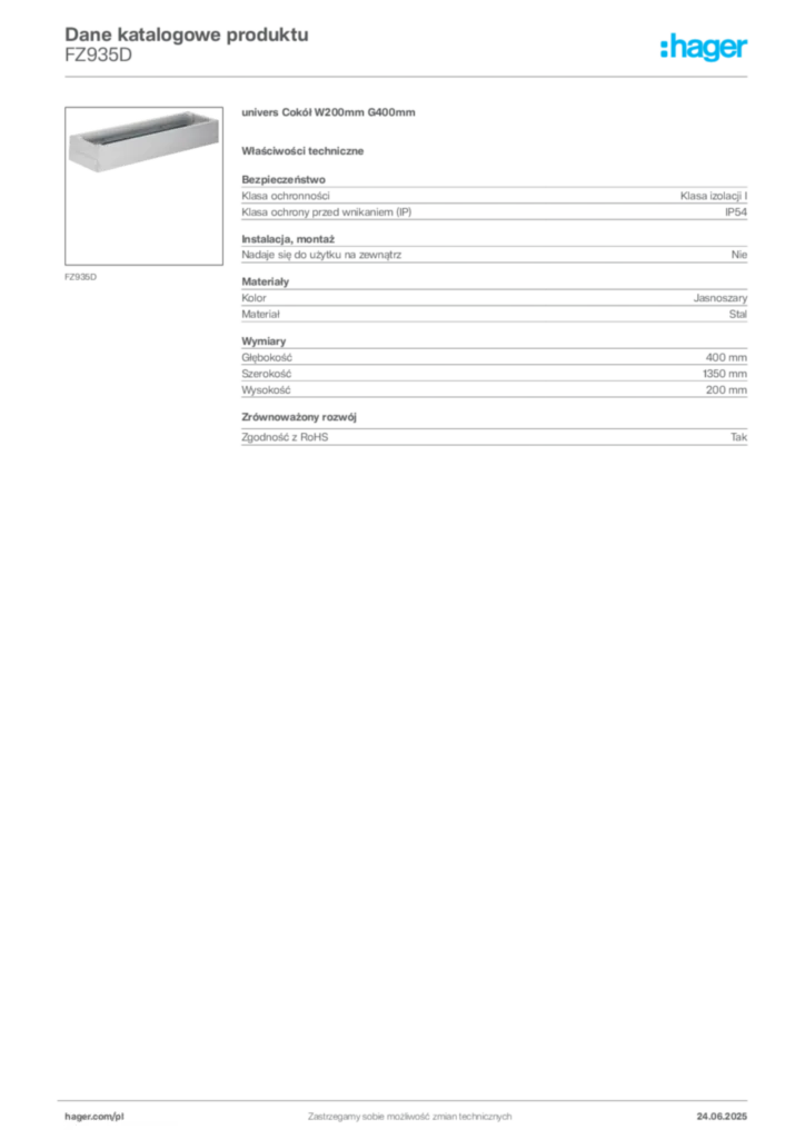 Zdjęcie Hager Karta katalogowa FZ935D | Hager Polska