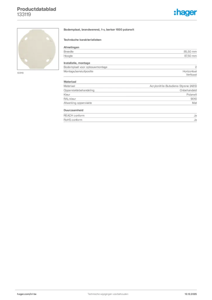 Afbeelding Hager Productdatablad 133119 | Hager Belgium