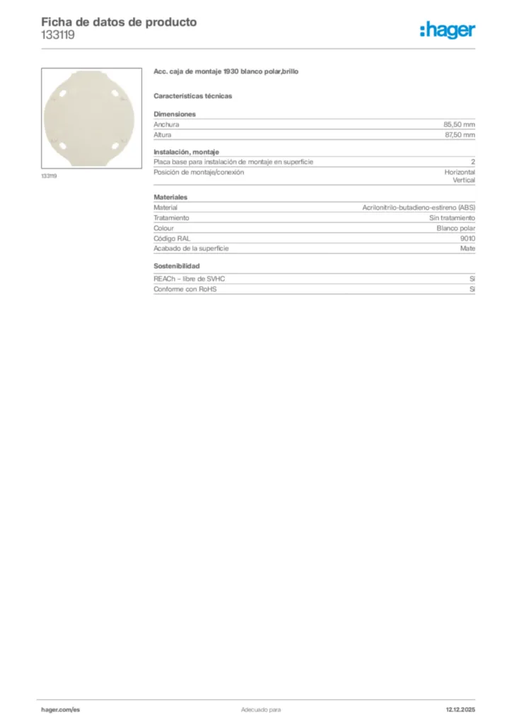 Imagen Hager Ficha de datos de producto 133119 | Hager España