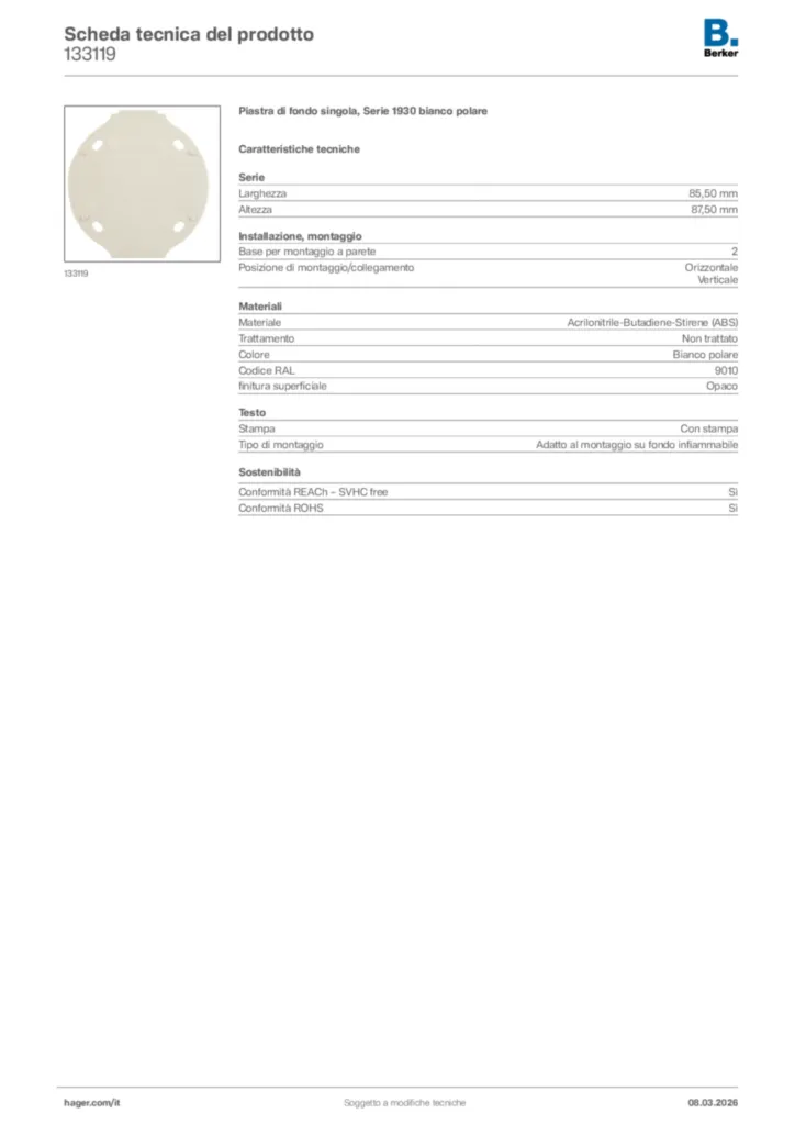 Immagine Berker Scheda tecnica del prodotto 133119 | Hager Italia