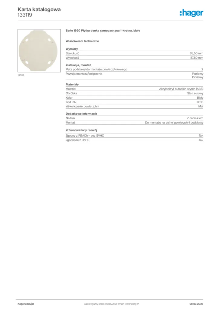 Zdjęcie Hager Karta katalogowa 133119 | Hager Polska