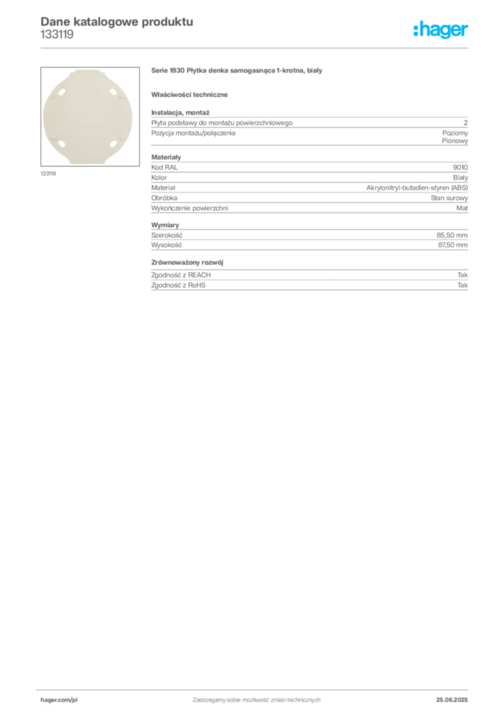 Zdjęcie Hager Karta katalogowa 133119 | Hager Polska