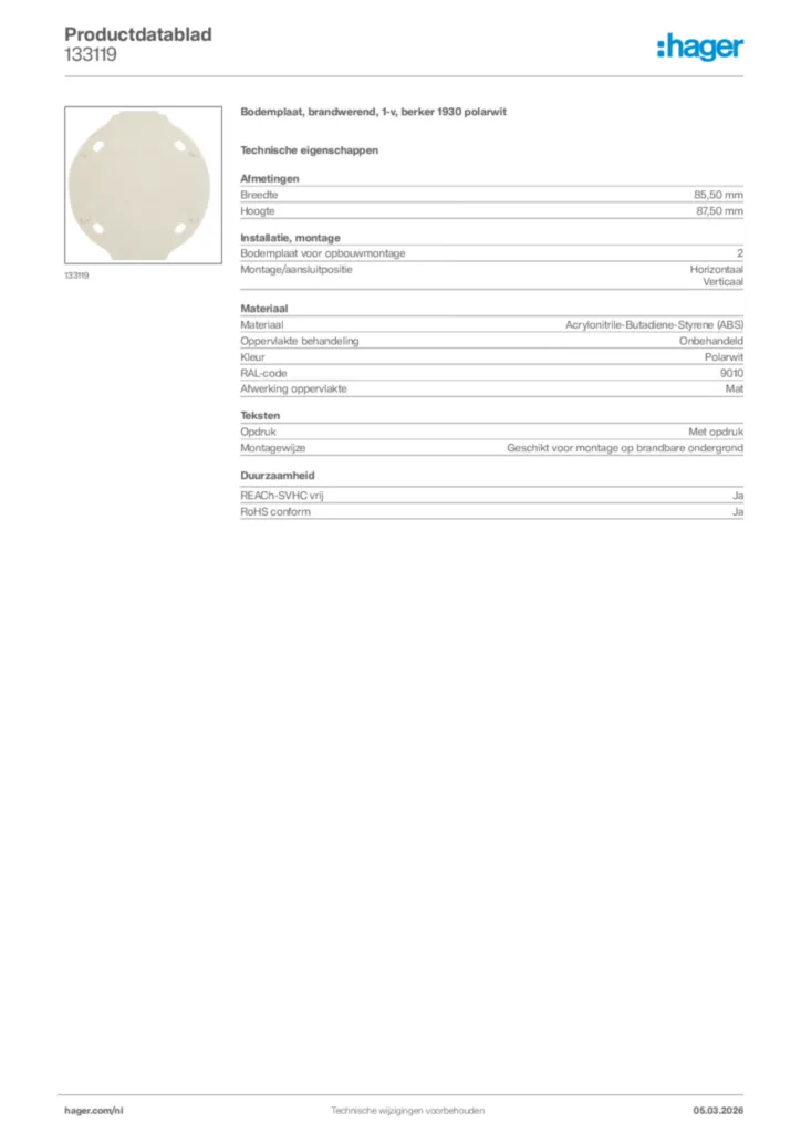 Afbeelding Hager Productdatablad 133119 | Hager Nederland