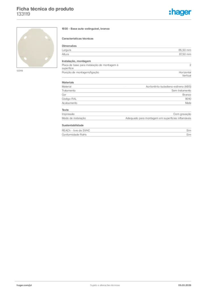 Imagem Hager Ficha técnica do produto 133119 | Hager Portugal