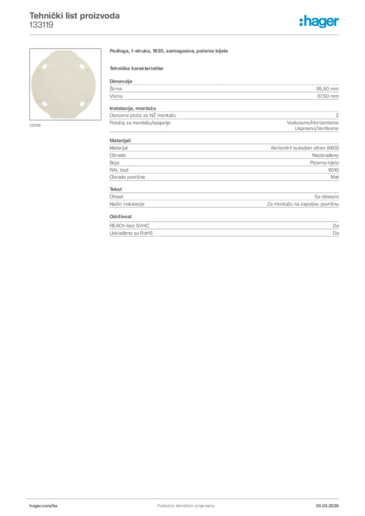 Slika Hager Tehnički list proizvoda 133119  | Hager