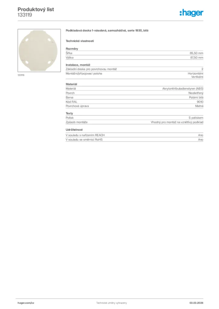 Obrázek Hager Product data sheet 133119 | Hager