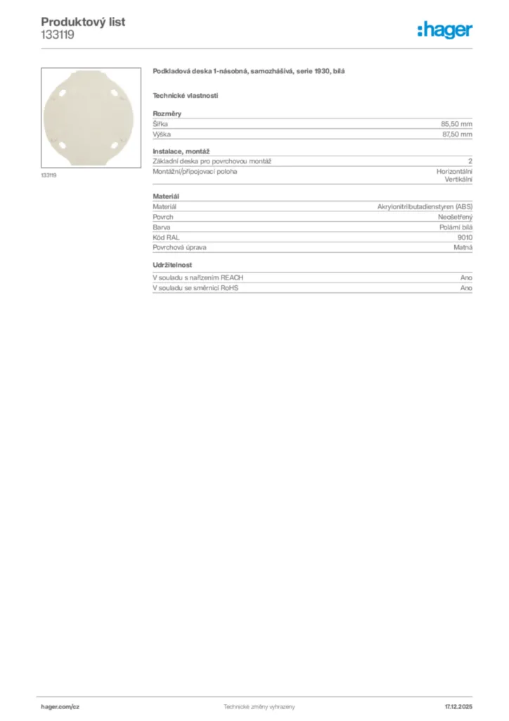 Obrázek Hager Produktový list 133119 | Hager