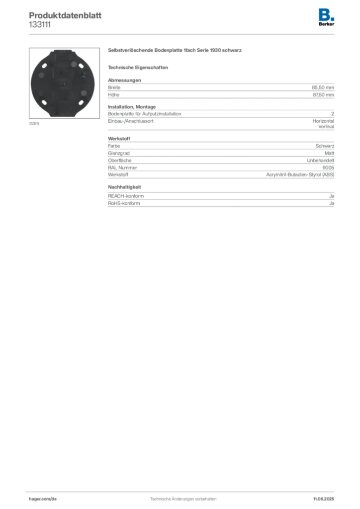 Bild Berker Produktdatenblatt 133111 | Hager Deutschland