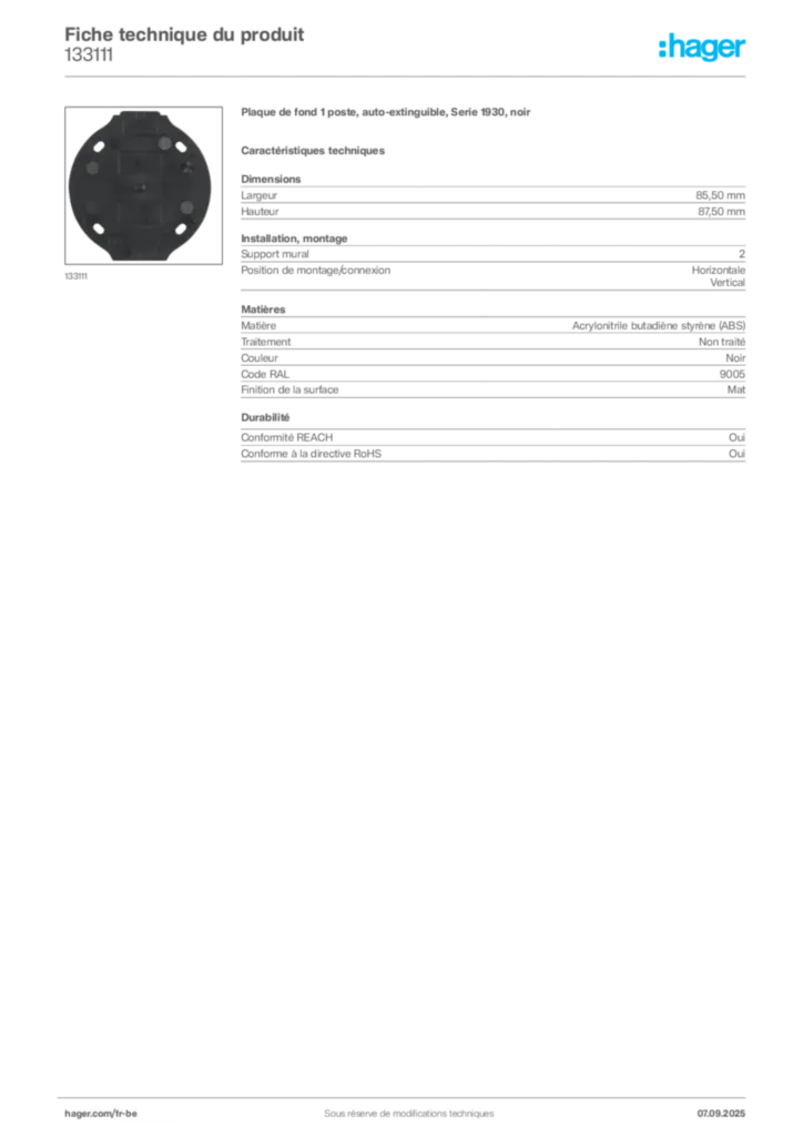 Image Hager Fiche technique du produit 133111 | Hager Belgique