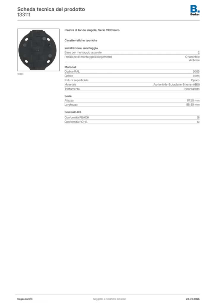 Immagine Berker Scheda tecnica del prodotto 133111 | Hager Italia