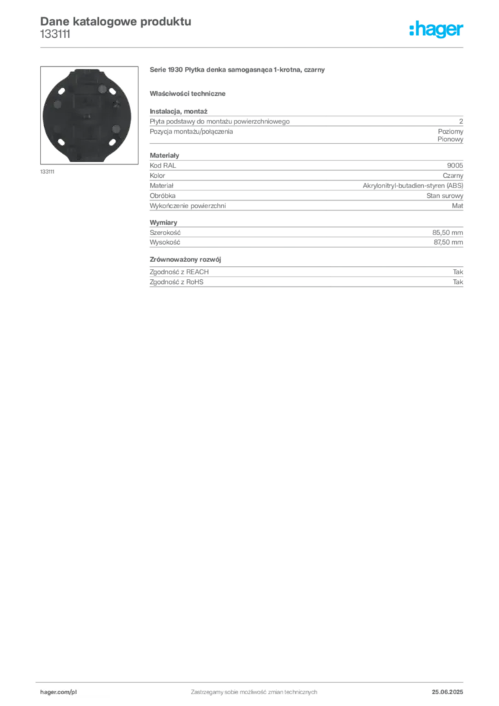 Zdjęcie Hager Karta katalogowa 133111 | Hager Polska