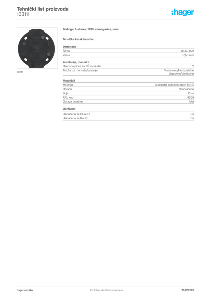 Slika Hager Product data sheet 133111  | Hager