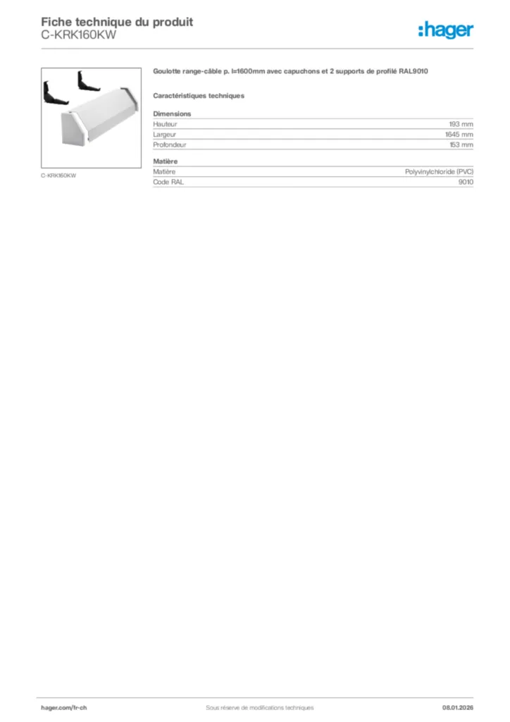 Image Hager Fiche technique du produit C-KRK160KW | Hager Suisse