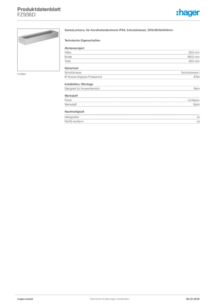 Bild Hager Produktdatenblatt FZ936D | Hager Deutschland
