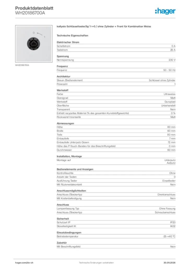 Bild Hager Produktdatenblatt WH20186700A | Hager Schweiz